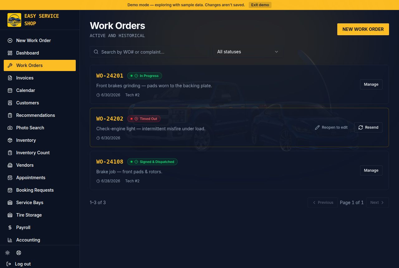 Work Orders screen